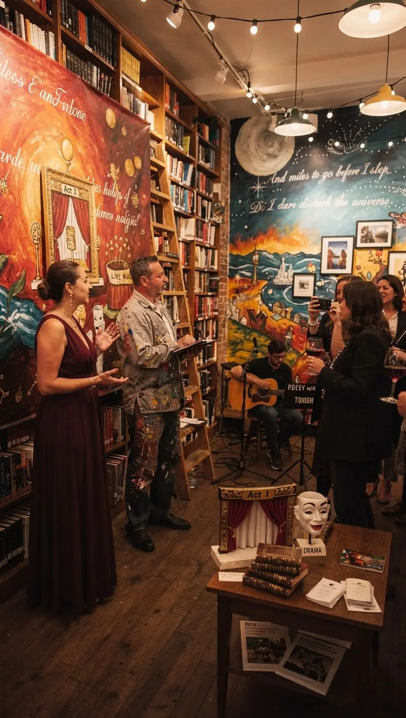 Ein stilvolles LesecafГ© mit gemГјtlichen SitzplГ¤tzen zwischen Regalen voller Literatur.