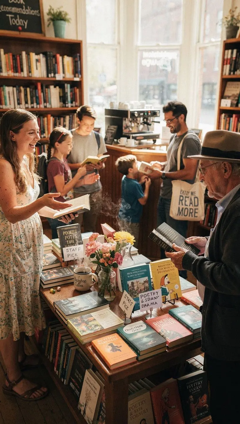 Ein Blick auf die Buchhandlung von auГџen, umgeben von blГјhenden Pflanzen und einem einladenden Eingang.