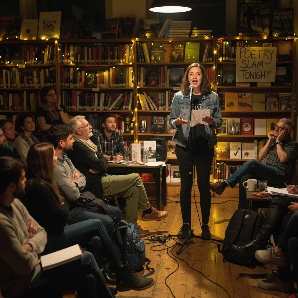 Ein Autor sitzt in einem Sessel und liest aus seinem neuen Gedichtband vor.