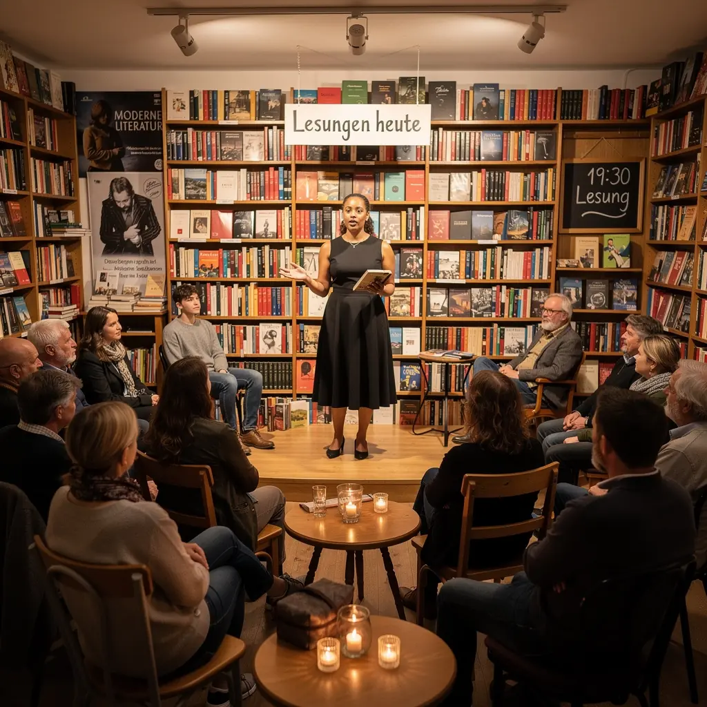 Eine Gruppe von Menschen, die an einer Buchpräsentation in der Buchhandlung teilnehmen.