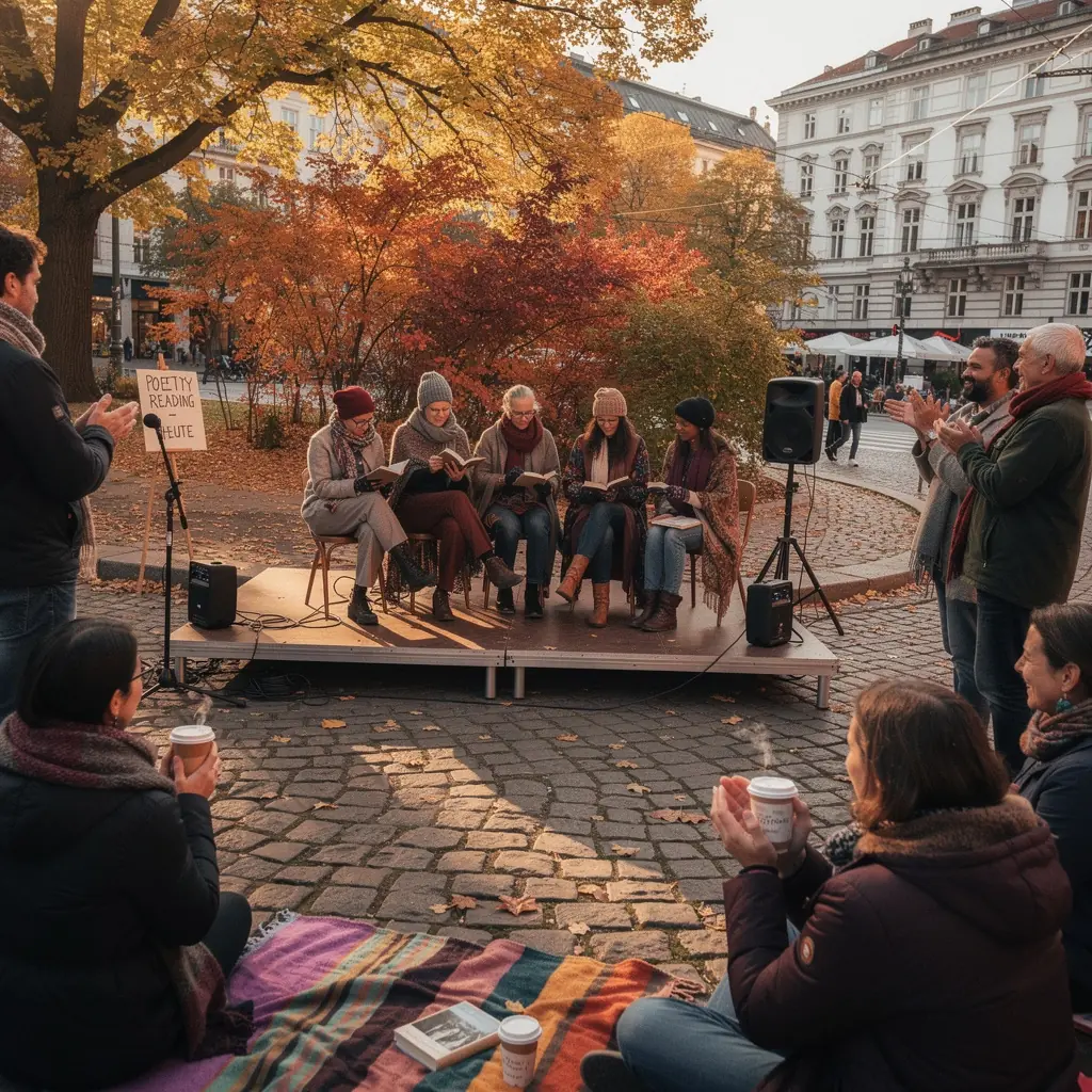 Ein Fenster mit Blick auf die malerische Straße, dekoriert mit Literaturzitaten an der Wand.